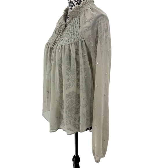 Free People Ready To Run Embellished Smocked Sheer Blouse Grey Mist Boho Chic - Picture 11 of 13